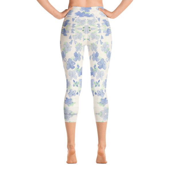 Blu&White Watercolor Floral Yoga Capri Leggings Cheap