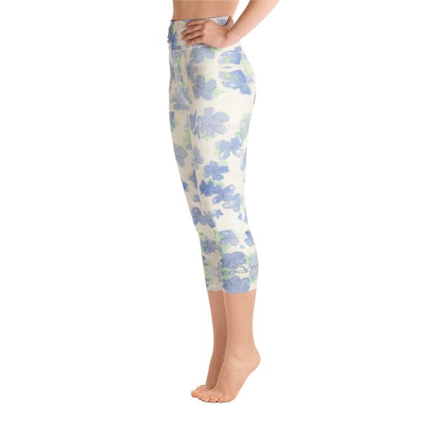 Blu&White Watercolor Floral Yoga Capri Leggings Cheap