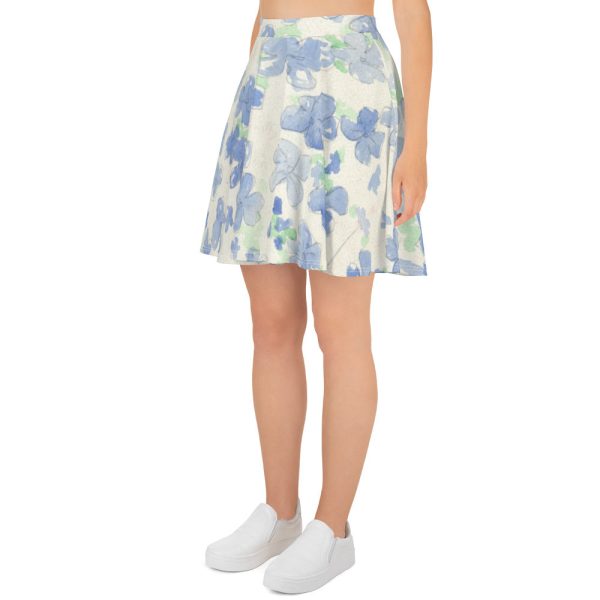 Blue&White Watercolor Floral Skater Skirt Online Sale