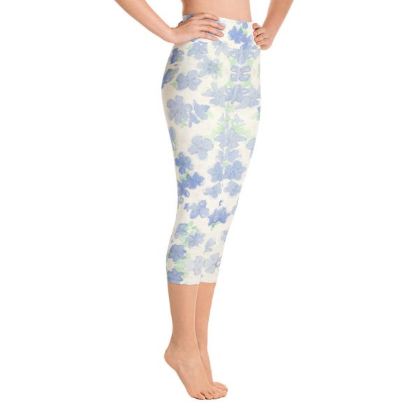 Blu&White Watercolor Floral Yoga Capri Leggings Cheap