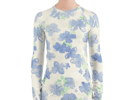 Blu&White Watercolor Floral Long Sleeve Tops Hot on Sale