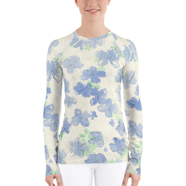 Blu&White Watercolor Floral Long Sleeve Tops Hot on Sale