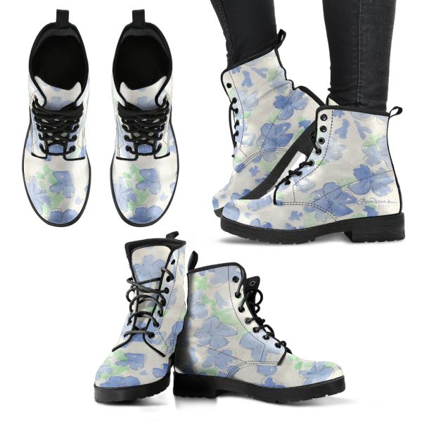 Blu&White Watercolor Floral Leather Boots (Vegan) Discount