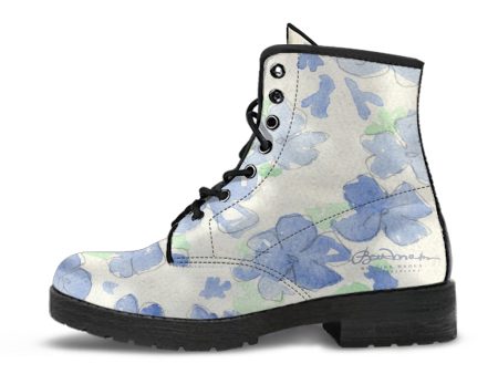 Blu&White Watercolor Floral Leather Boots (Vegan) Discount