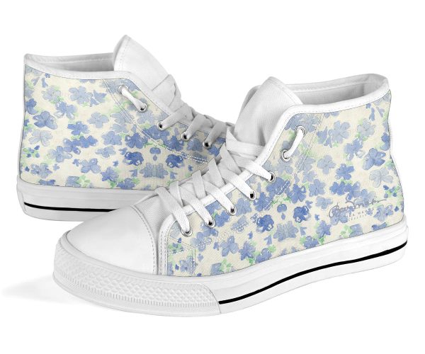 Blu&White Watercolor Floral High Top Sneakers For Cheap