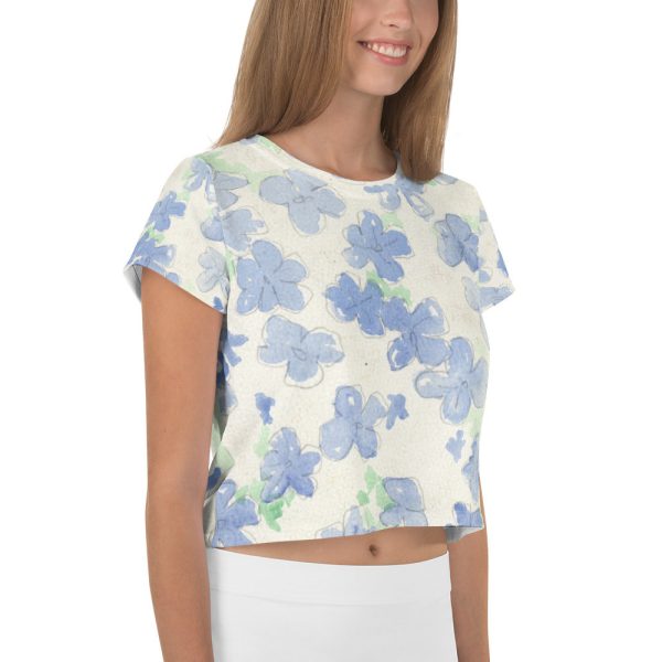 Blu&White Watercolor Floral Print Crop Tee Online now