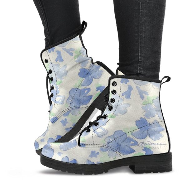 Blu&White Watercolor Floral Leather Boots (Vegan) Discount