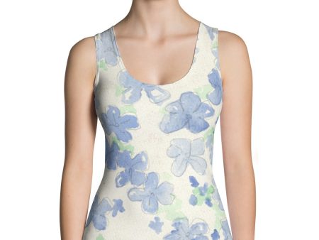 Blu&White Watercolor Floral Tank Top For Sale