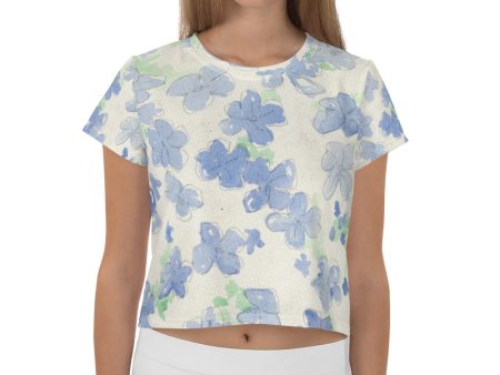 Blu&White Watercolor Floral Print Crop Tee Online now