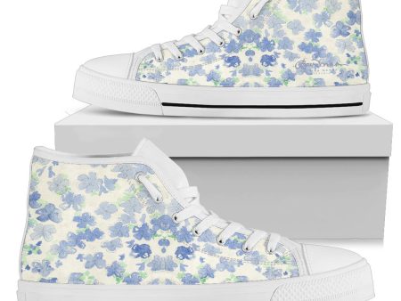 Blu&White Watercolor Floral High Top Sneakers For Cheap