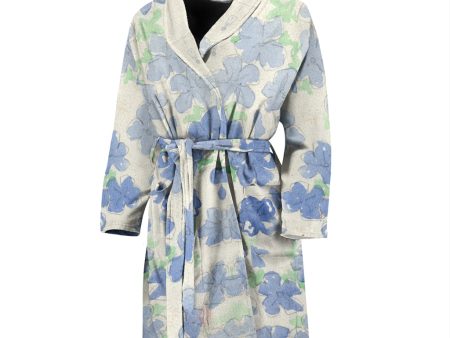 Blu&White Watercolor Floral Bath Robe - Men For Sale