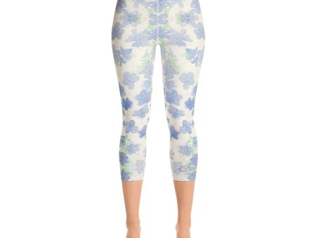 Blu&White Watercolor Floral Yoga Capri Leggings Cheap