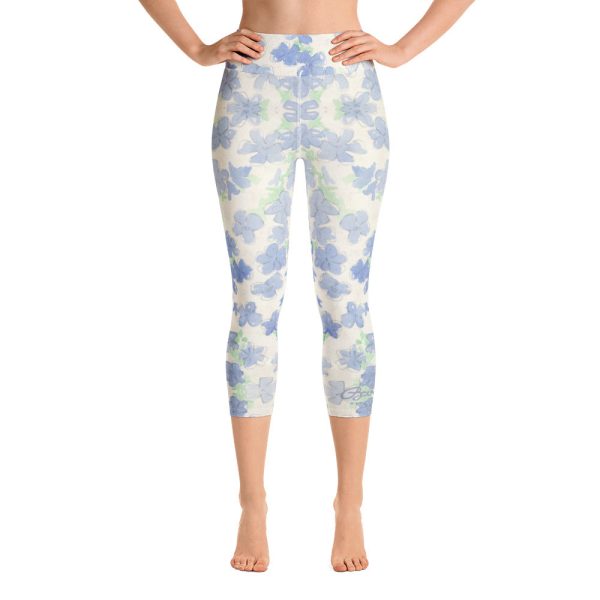 Blu&White Watercolor Floral Yoga Capri Leggings Cheap