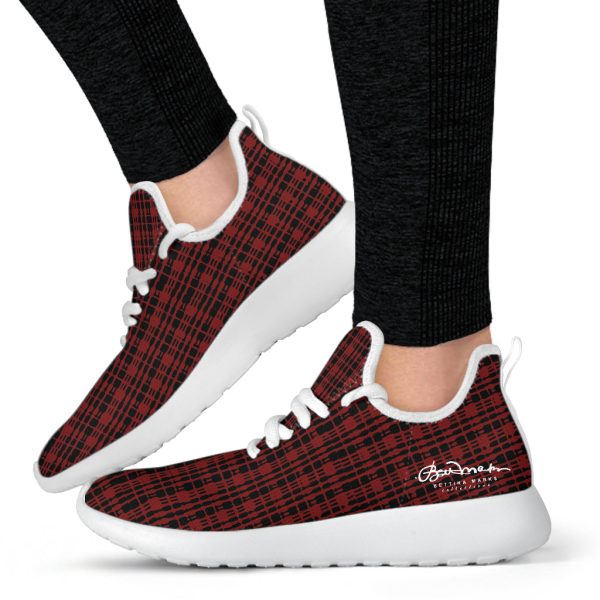 Black Red Tight Plaid Mesh Knit Sneakers For Sale