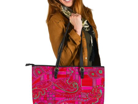 Bright Fuscia and Red Poppy Paisley on Plaid Large Tote Bag Fashion