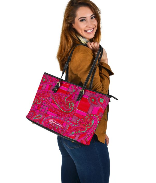 Bright Fuscia and Red Poppy Paisley on Plaid Large Tote Bag Fashion