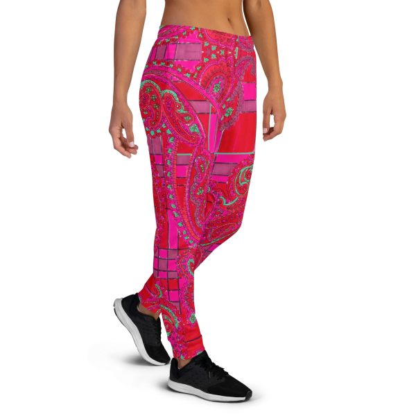 Bright Fuscia and Red Poppy Paisley on Plaid Women s Recycled Joggers on Sale