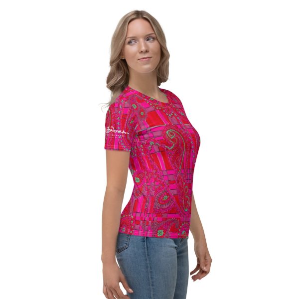 Bright Fuscia and Red Poppy Paisley on Plaid Women s T-shirt For Sale