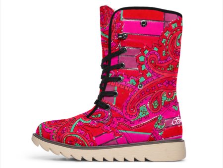 Bright Fuscia and Red Poppy Paisley on Plaid Polar Boots Supply