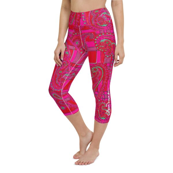 Bright Fuscia and Red Poppy Paisley on Plaid Yoga Capri Leggings Online now