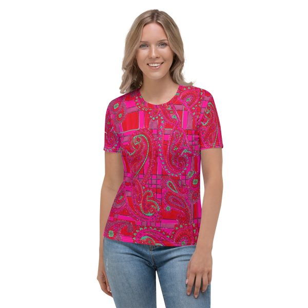 Bright Fuscia and Red Poppy Paisley on Plaid Women s T-shirt For Sale