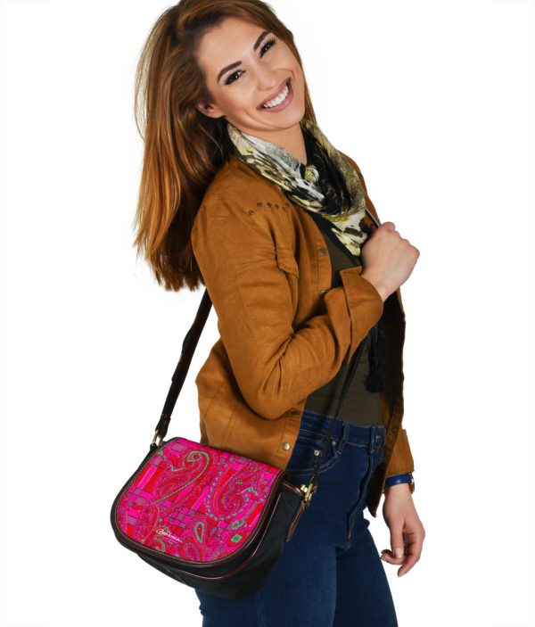 Bright Fuscia and Red Poppy Paisley on Plaid Saddle Shoulder Bag Cheap