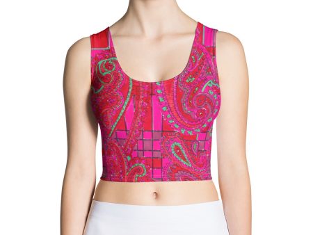 Bright Fuscia and Red Poppy Paisley on Plaid Crop Top Online Hot Sale