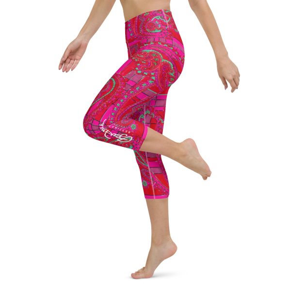 Bright Fuscia and Red Poppy Paisley on Plaid Yoga Capri Leggings Online now