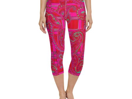 Bright Fuscia and Red Poppy Paisley on Plaid Yoga Capri Leggings Online now