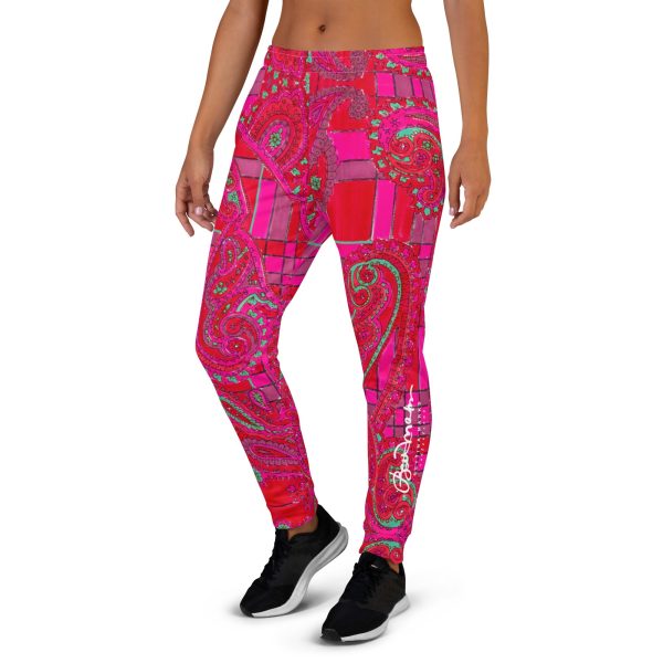 Bright Fuscia and Red Poppy Paisley on Plaid Women s Recycled Joggers on Sale