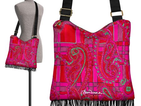 Bright Fuscia and Red Poppy Paisley on Plaid Boho Bag on Sale