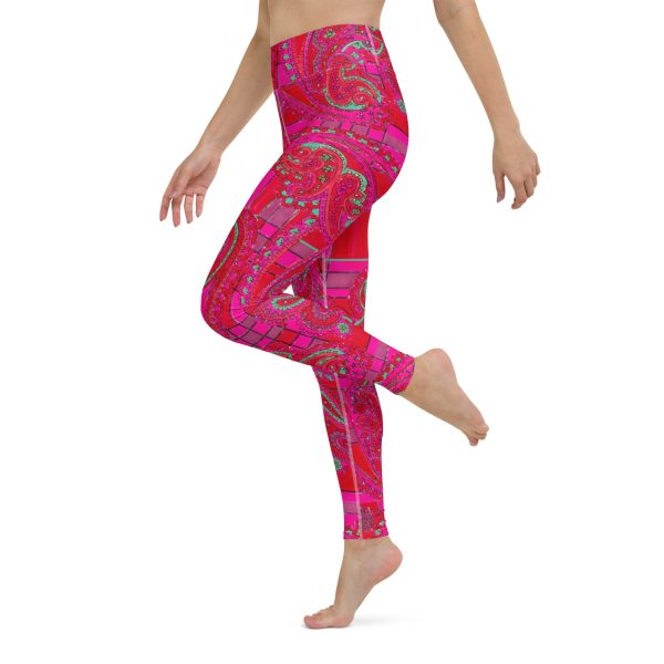 Bright Fuscia and Red Poppy Paisley on Plaid Yoga Leggings Online