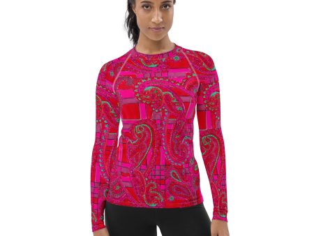 Bright Fuscia and Red Poppy Paisley on Plaid Long Sleeve Top Cheap