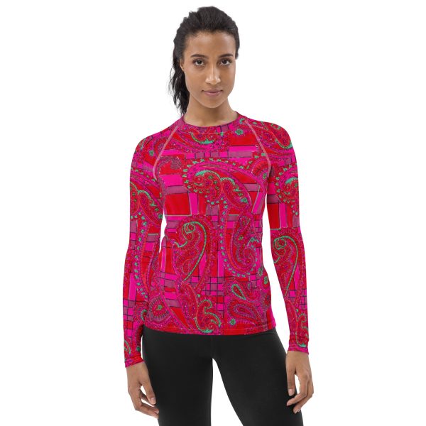 Bright Fuscia and Red Poppy Paisley on Plaid Long Sleeve Top Cheap