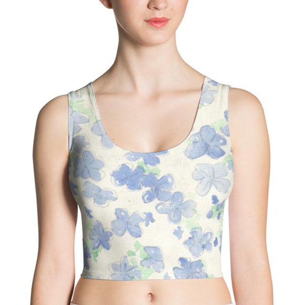 Blu&White Watercolor Floral Crop Top For Cheap