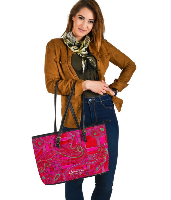 Bright Fuscia and Red Poppy Paisley on Plaid Large Tote Bag Fashion