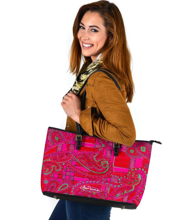 Bright Fuscia and Red Poppy Paisley on Plaid Large Tote Bag Fashion