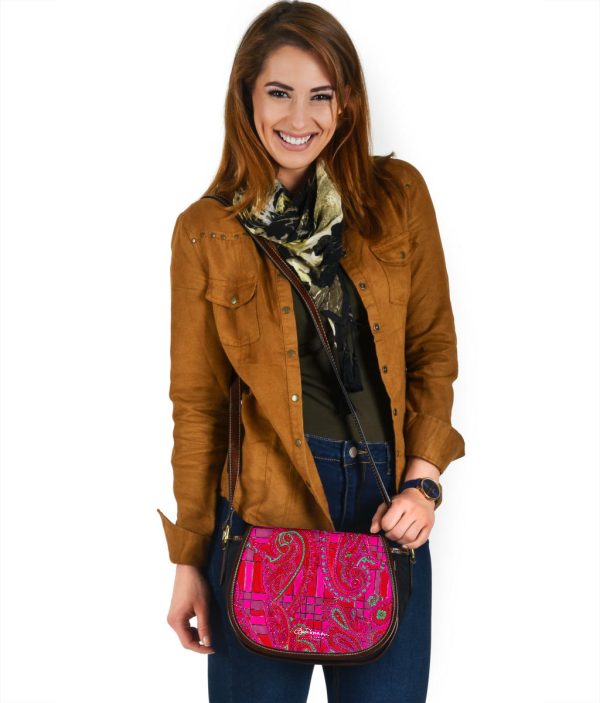 Bright Fuscia and Red Poppy Paisley on Plaid Saddle Shoulder Bag Cheap