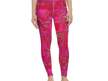 Bright Fuscia and Red Poppy Paisley on Plaid Yoga Leggings Online