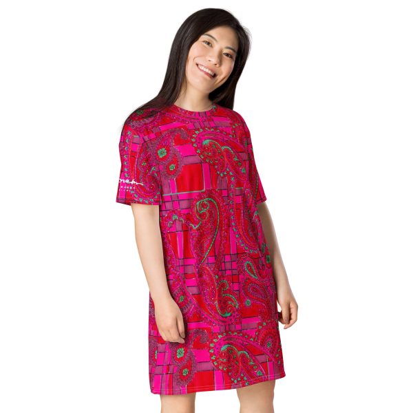 Bright Fuscia and Red Poppy Paisley on Plaid T-shirt dress on Sale