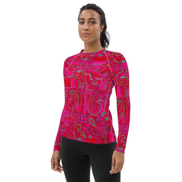 Bright Fuscia and Red Poppy Paisley on Plaid Long Sleeve Top Cheap