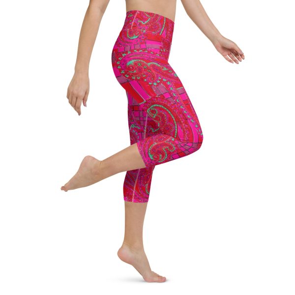 Bright Fuscia and Red Poppy Paisley on Plaid Yoga Capri Leggings Online now