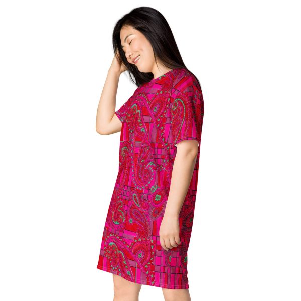 Bright Fuscia and Red Poppy Paisley on Plaid T-shirt dress on Sale