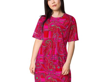 Bright Fuscia and Red Poppy Paisley on Plaid T-shirt dress on Sale