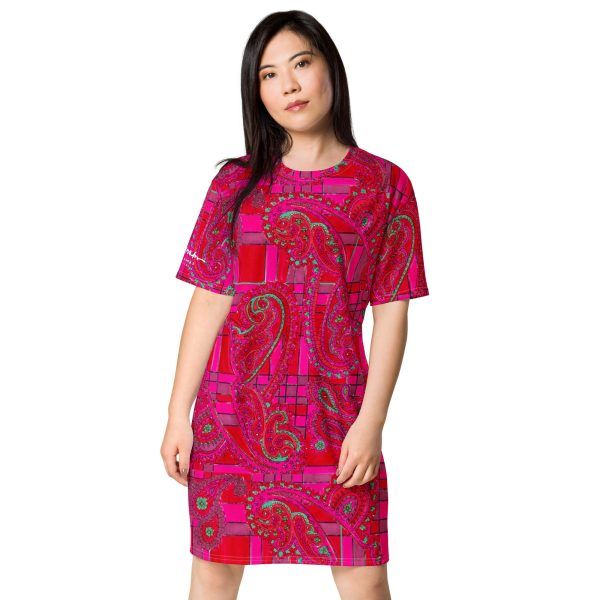 Bright Fuscia and Red Poppy Paisley on Plaid T-shirt dress on Sale